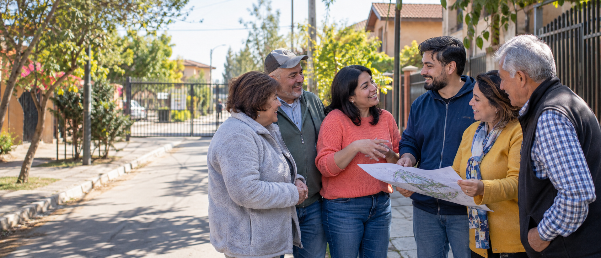 Imagen ilustrativa de vecinas y vecinos conversando sobre proyectos comunitarios en San Bernardo
